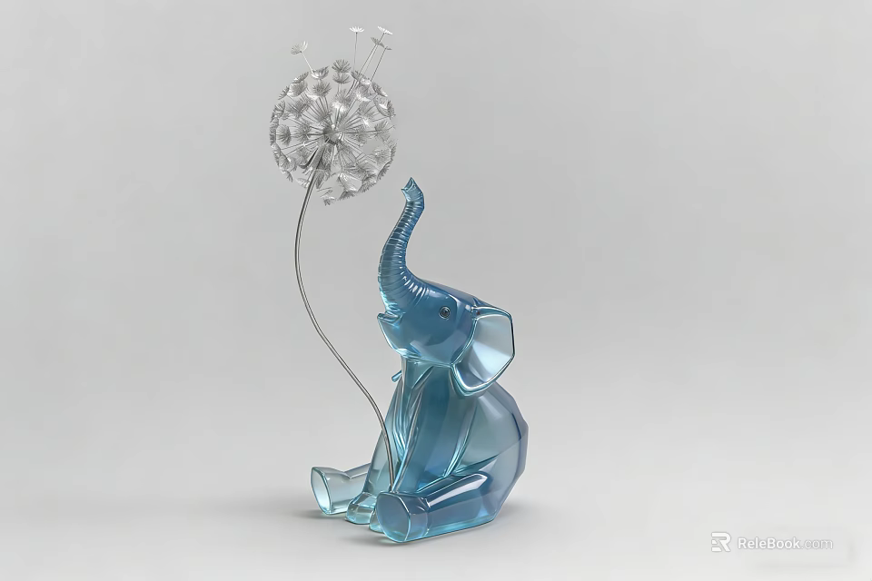 Blue Elephant Landscape Sculpture in Sitting Posture With Transparent Dandelion and Metal Wire 3d model 