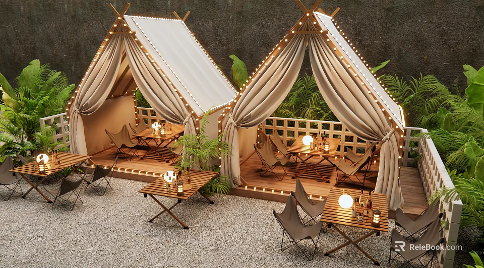 Outdoor Bar Setup With Tents Fairy Lights And Greenery 3d model 