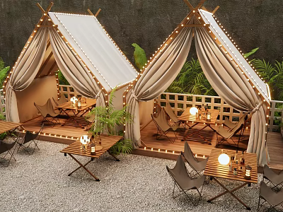 Outdoor Bar Setup With Tents Fairy Lights And Greenery 3d model