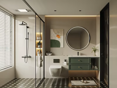 Modern Bathroom Interior With Round Mirror Glass Shower And Green Vanity 3d model