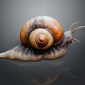 Orange Brown Spiral Shell Reptile Snail with Long Tentacles and Grey Background Reflection