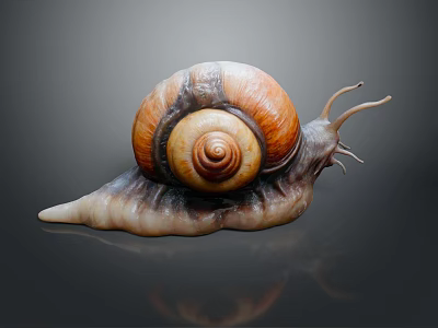 Orange Brown Spiral Shell Reptile Snail with Long Tentacles and Grey Background Reflection 3d model