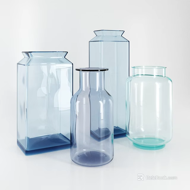 Modern Ceramic Vessels In Various Shapes With Blue And Transparent Tones On White Background 3d model 