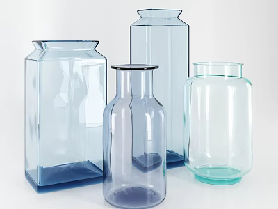 Modern Ceramic Vessels In Various Shapes With Blue And Transparent Tones On White Background 3d model