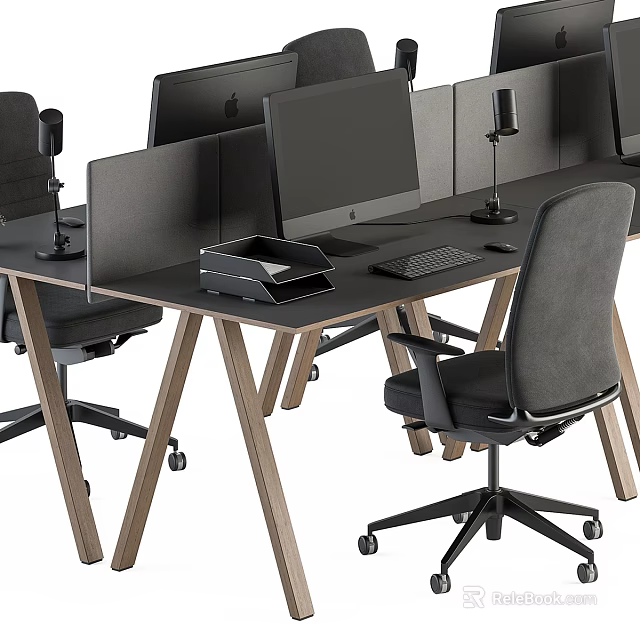 Modern Gray Office Task Chair With Rolling Wheels In Workstation Setup With Computer Monitor And Desk 3d model 