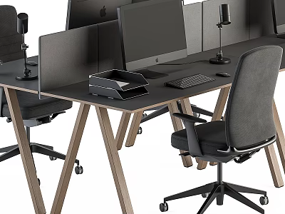 Modern Gray Office Task Chair With Rolling Wheels In Workstation Setup With Computer Monitor And Desk 3d model