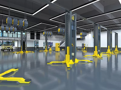 4S Dealership Service Workshop with Yellow Vehicle Lifts Modern Equipment Gray Floor and Ceiling Lighting 3d model