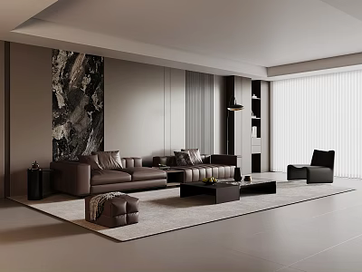 Modern Living Room Interior With Brown Sofa Ottoman Coffee Table And Abstract Art 3d model