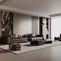 Modern Living Room Interior With Brown Sofa Ottoman Coffee Table And Abstract Art