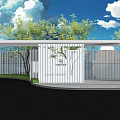 Modern White Building Exterior Wall With Slatted Design Surrounded by Green Trees and Blue Sky