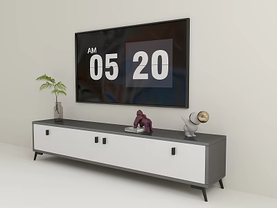 Modern White And Gray TV Stand With Plant Sculpture And Decorative Items 3d model