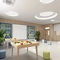 Kindergarten Interior With Wooden Walls Round Ceiling Lights Colorful Stools Bookshelves Windows And Green Plants