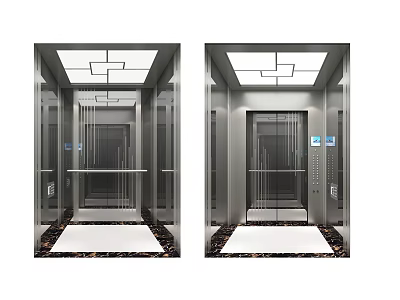 Modern Elevator Interior Design With Geometric Ceiling Lighting Marble Floor And Metal Frames 3d model