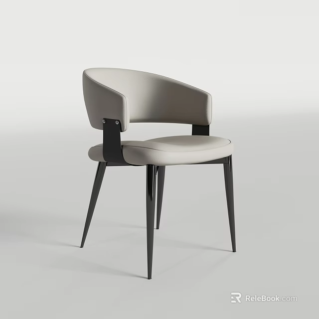 Modern Light Gray Upholstered Dining Chair With Curved Backrest And Black Slim Legs 3d model 