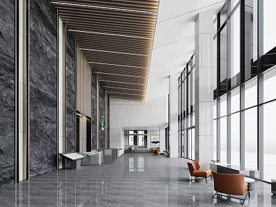 Modern Lobby Reception Desk With Marble Walls And Floor To Ceiling Windows 3d model