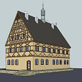 Traditional European Half Timbered Building With Gabled Roof Tower And Windows