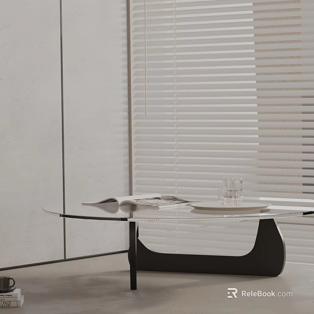 Modern Sofa and Coffee Table Set with Glass Top Against White Blinds in Minimalist Interior 3d model 