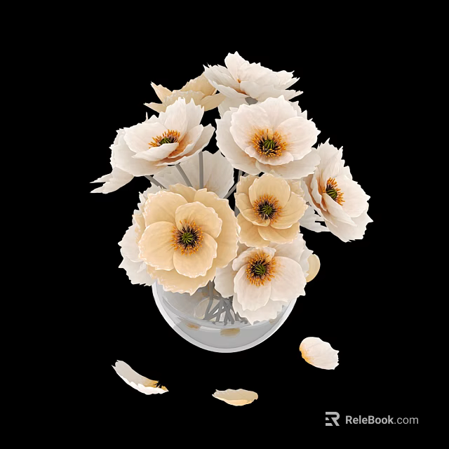 White and Cream Colored Flowers in Transparent Glass Vase with Falling Petals on Black Background 3d model 