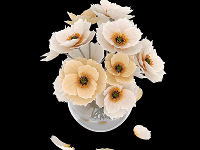 White and Cream Colored Flowers in Transparent Glass Vase with Falling Petals on Black Background 3d model