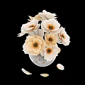 White and Cream Colored Flowers in Transparent Glass Vase with Falling Petals on Black Background