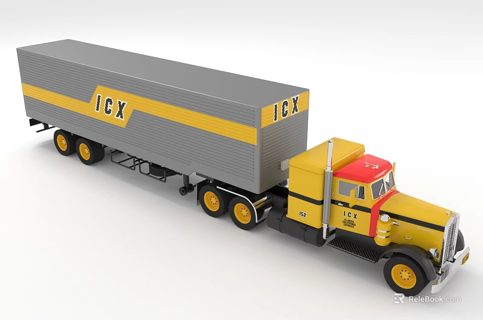 Yellow and Gray ICX Freight Truck with Red Cab and Cargo Trailer 3d model 