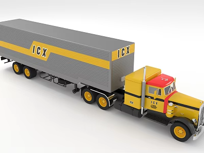 Yellow and Gray ICX Freight Truck with Red Cab and Cargo Trailer 3d model