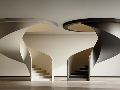 Modern Interior Design With Light And Dark Spiral Staircases In Stylish Tones 3d model