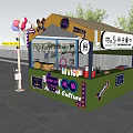 Colorful Street Food Stall With Green Yellow Exterior Striped Awning Balloons And Scooter