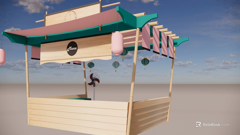 Traditional Wooden Street Stall With Green Pink Canopy Lifan Sign Lanterns And Windmill 3d model 