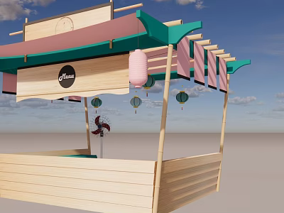 Traditional Wooden Street Stall With Green Pink Canopy Lifan Sign Lanterns And Windmill 3d model