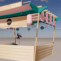 Traditional Wooden Street Stall With Green Pink Canopy Lifan Sign Lanterns And Windmill