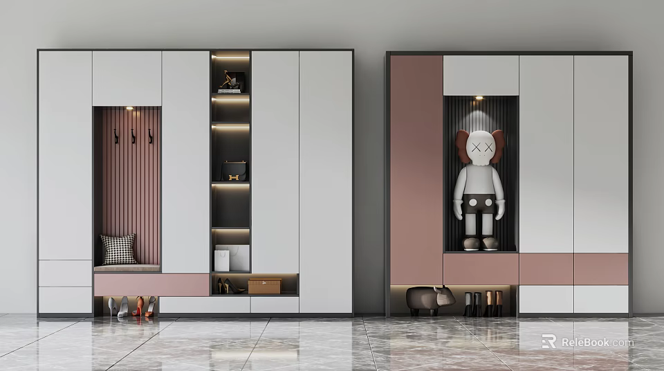 Modern Stylish Shoe Cabinet with Pink White Design Open Shelves Hanging Area and Spacious Storage 3d model 