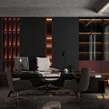 Elegant Modern Office Interior With Dark Background Marble Desk Apple Computer Leather Chairs And Bookshelf