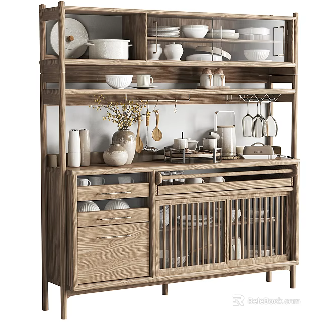 Natural Wooden Sideboard Cabinet With Open Shelves Dishes Vase And Wine Glasses Decor 3d model 