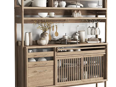Natural Wooden Sideboard Cabinet With Open Shelves Dishes Vase And Wine Glasses Decor 3d model