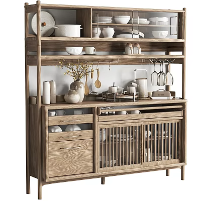 Natural Wooden Sideboard Cabinet With Open Shelves Dishes Vase And Wine Glasses Decor 3d model