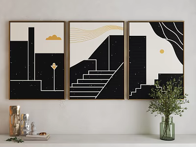Modern Black and White Geometric Decorative Paintings with Gold Accents Shelf Green Plant and Vase 3d model