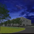 Modern Industrial Plant Night View Featuring Glass Curtain Walls And Surrounding Vehicles