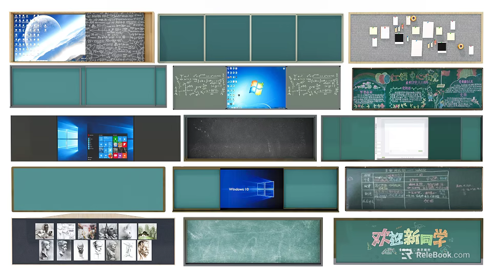 Educational Wall Hanging With Blackboard Green Board Digital Screen And Image Panels 3d model 