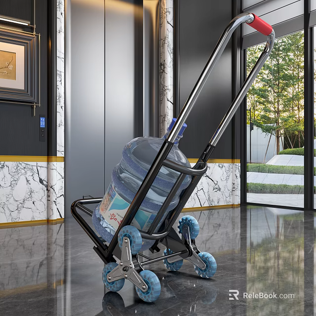 Hand Truck With Large Water Bucket And Blue Wheels In Marble Lobby 3d model 