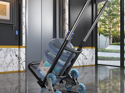 Hand Truck With Large Water Bucket And Blue Wheels In Marble Lobby 3d model