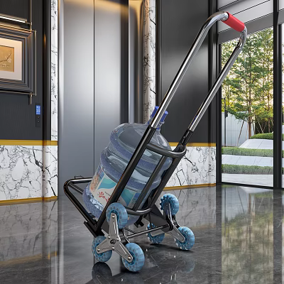 Hand Truck With Large Water Bucket And Blue Wheels In Marble Lobby 3d model