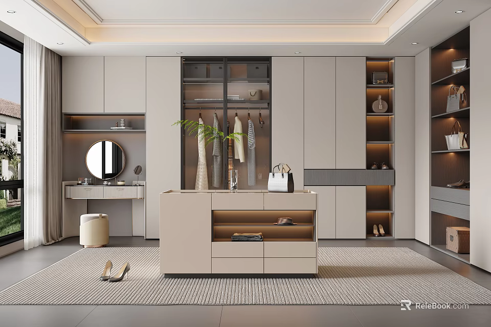 Modern Walk in Closet Interior Design With Custom Cabinets Dressing Table Mirror and Potted Plant 3d model 