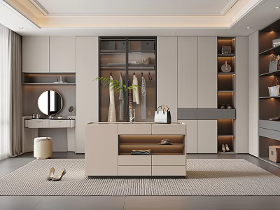 Modern Walk in Closet Interior Design With Custom Cabinets Dressing Table Mirror and Potted Plant 3d model