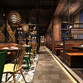 Industrial Style Restaurant Interior With Wooden Decor Pendant Lights And Colorful Chairs