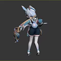 Cute Female Game Movie Character With Blue White Hair Headpiece Decorative Outfit And Bow Weapon