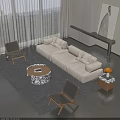 Modern Striped Sofa Coffee Table Set With Wicker Chairs And Gray Rug 3d model