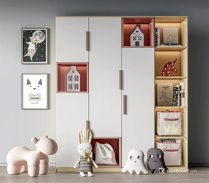 Modern Decorative Cabinet With Open Compartments Mini House Models Books Plush Toys And Wall Art 3d model 