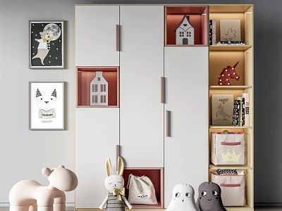 Modern Decorative Cabinet With Open Compartments Mini House Models Books Plush Toys And Wall Art 3d model