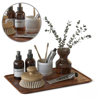 Stylish Washing Daily Use Items With Brushes Cleaning Bottles Paste Tubes And Wooden Tray 3d model